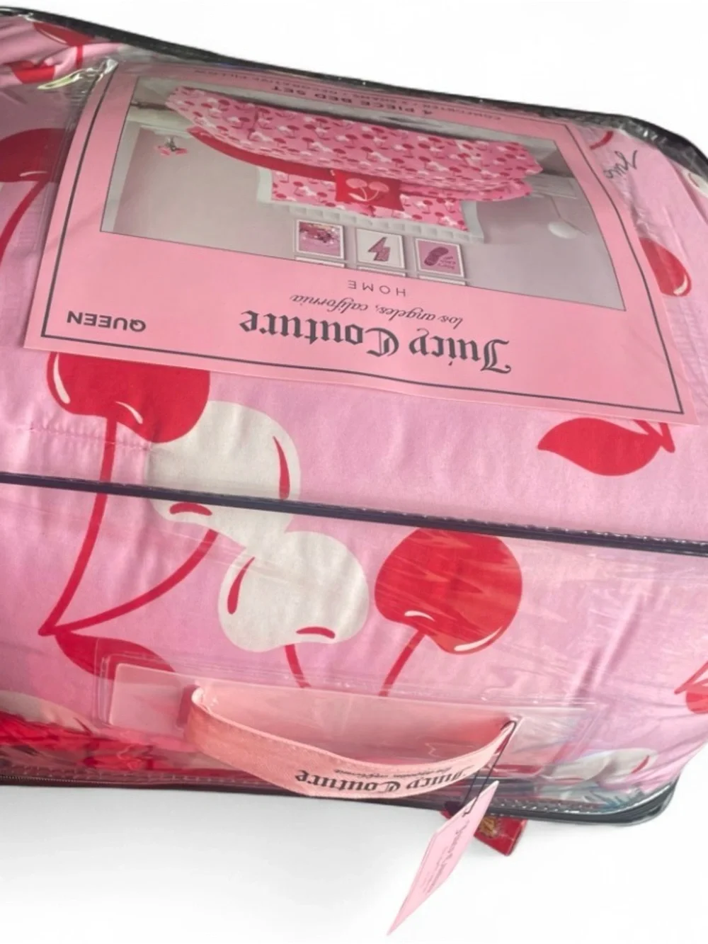 Juicy Couture Pink Queen 4pc Comforter Set,2 Shams,& Embroidered Cherry Pillow
